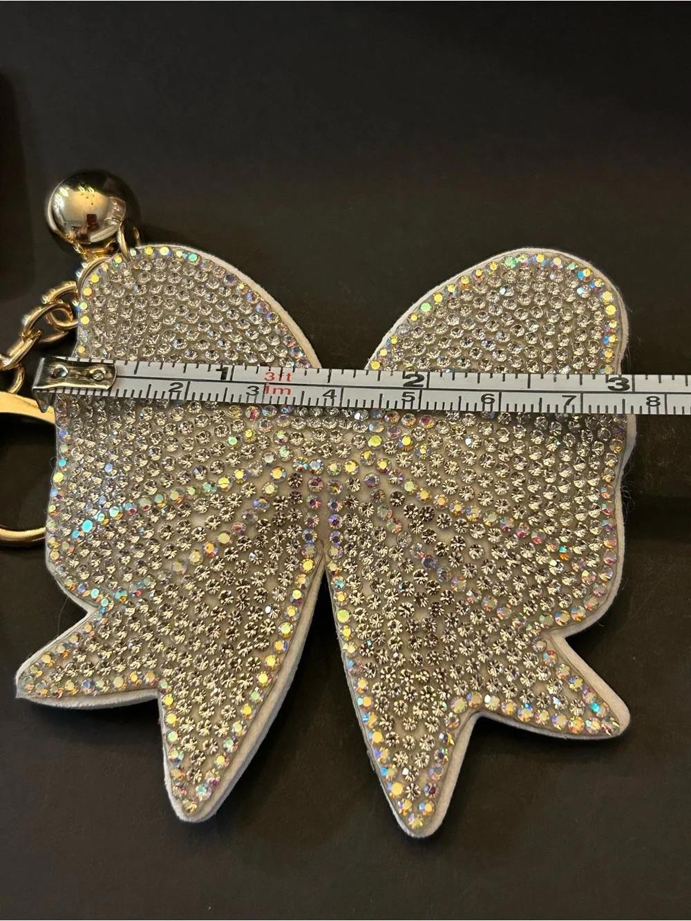 PREMIUM Puffy Off-White Crystal Bow Bag Charm Keychain w/Gold Accents